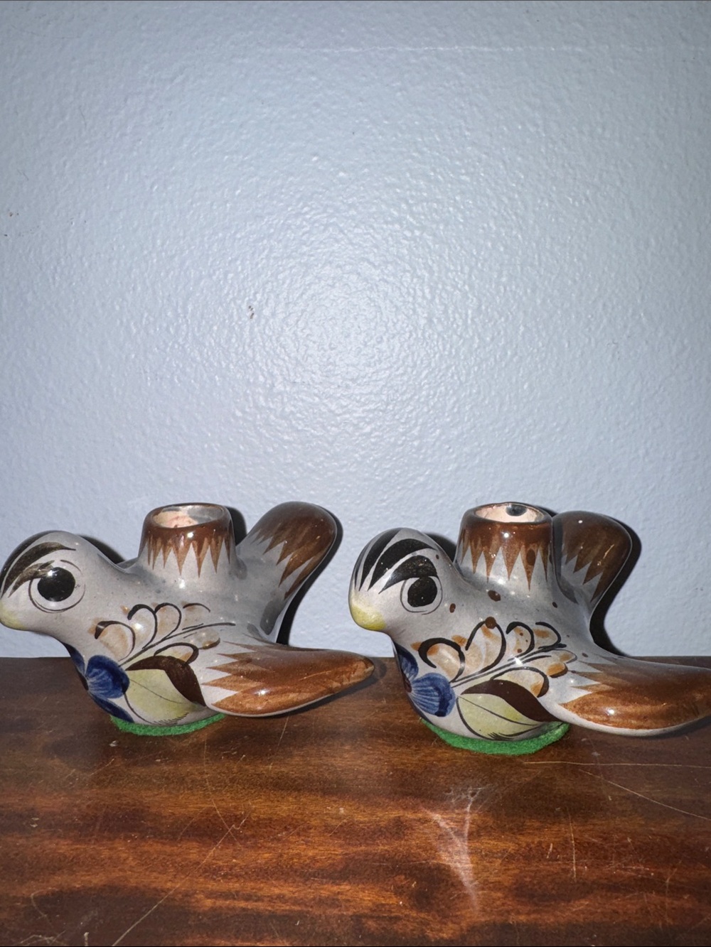 Vintage Hand-Painted Tonala Mexican Folk Art Pottery Bird Candle Holder Pair
